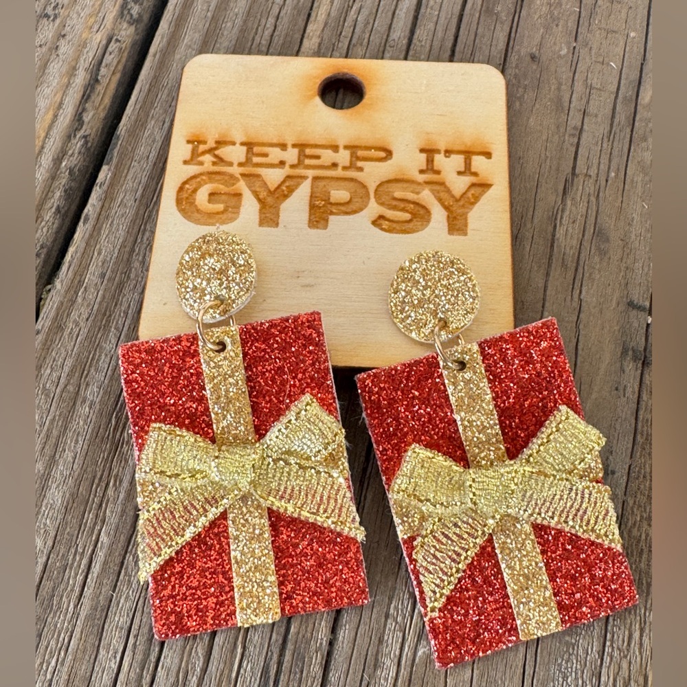 Keep It Gypsy Leather Christmas Present Earrings – Red Glitter Gift Box w/ Bow,